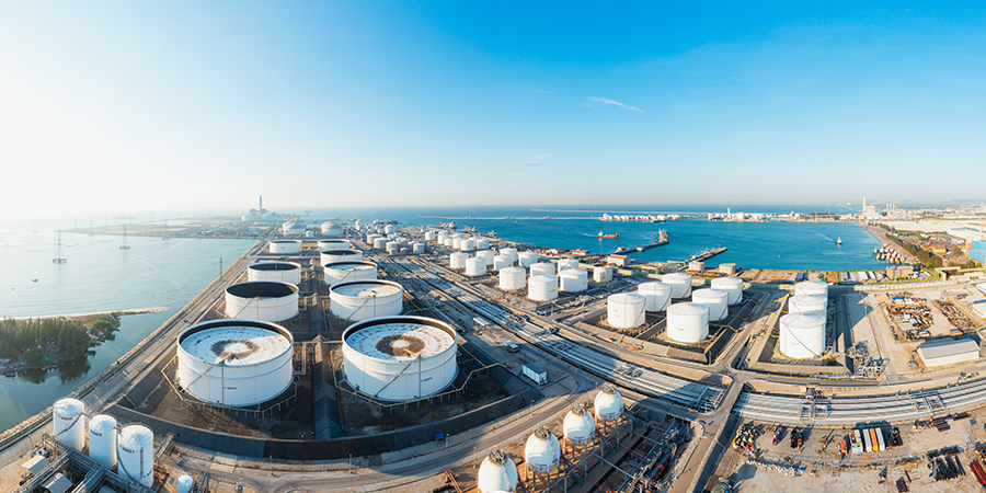 Aerial view of Fujairah oil terminal showing extensive tank farms and shipping facilities